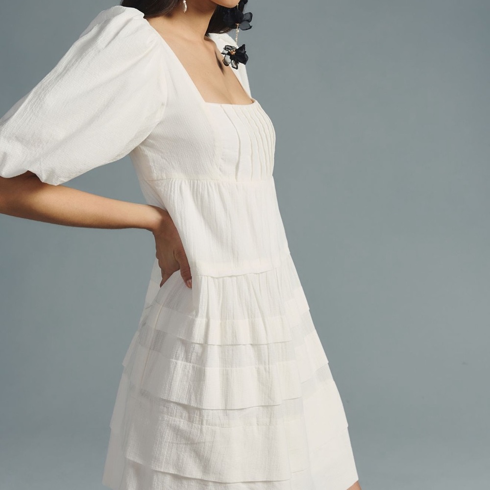 Anthropologie Square-Neck Puff-Sleeve Tiered Dress Size L